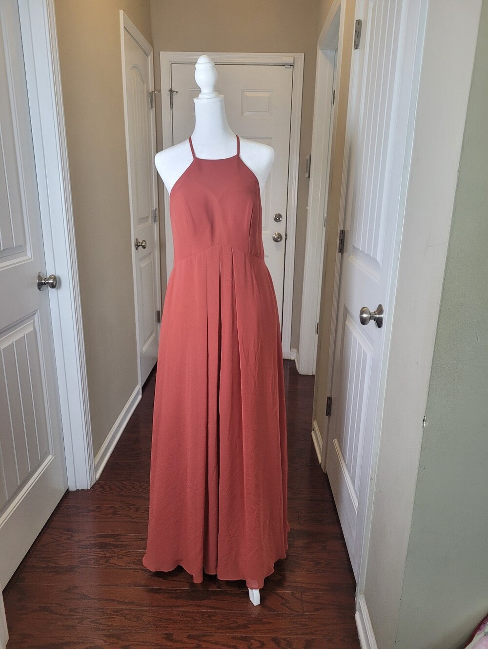 Azazie (Sarah) Rust Halter Maxi Dress. Size C is between a 6 and 12